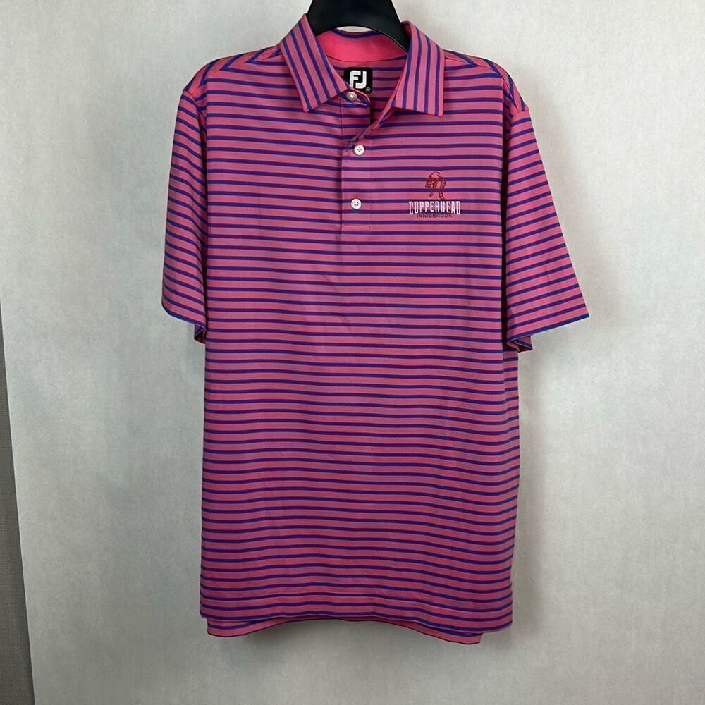 FootJoy Copperhead Innisbrook Polo Shirt Sz Medium Pink Blue Stripe Short Sleeve